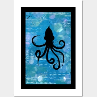 Squid Silhouette on a Blue Abstract Background Posters and Art